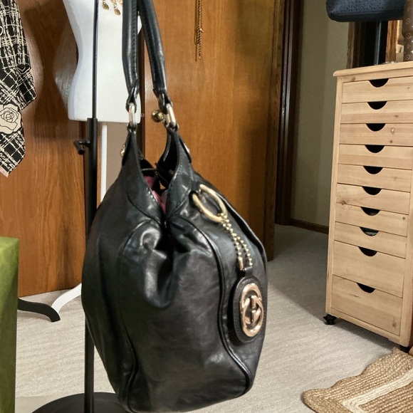Authentic GUCCI GG Sukey Shoulder HandBag Guccissima Leather Black -PreOwned - Picture 10 of 16
